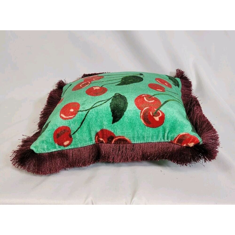 Anthropologie Maeve Le Petit Cherry Velvet Brush Fringe 10" Decorative Pillow - Picture 5 of 10